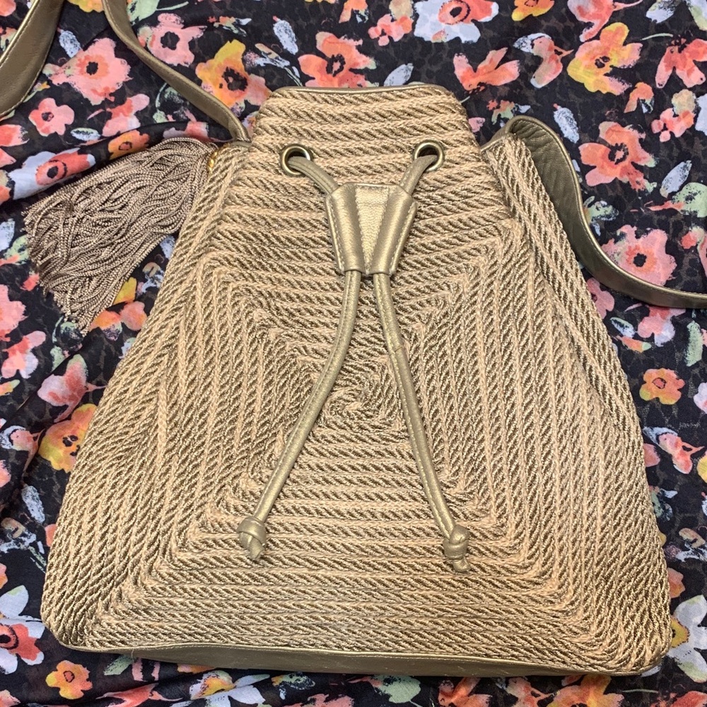 Vintage Sharif Rope Detailed Gold Leather Bucket Crossbody Bag Tasseled Medium